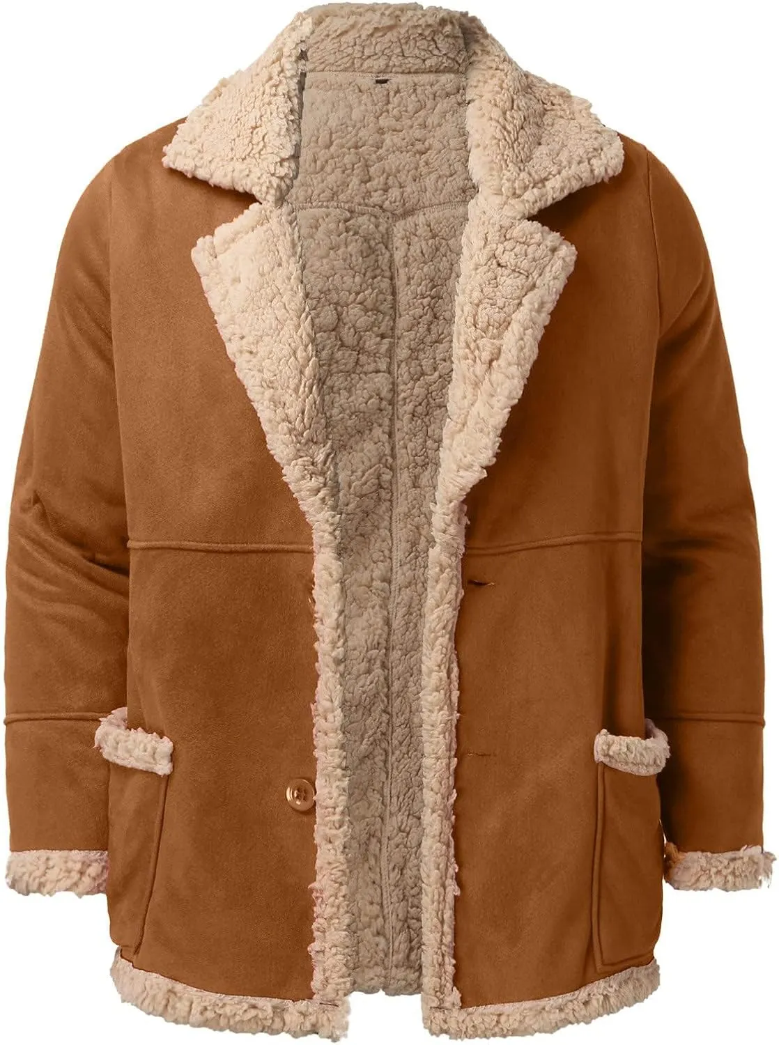 Shearling Coat Men Sheepskin Faux Leather Jacket Fleece Sherpa Lined Bomber Jacket Crop Warm Winter Trench Coat Pocket