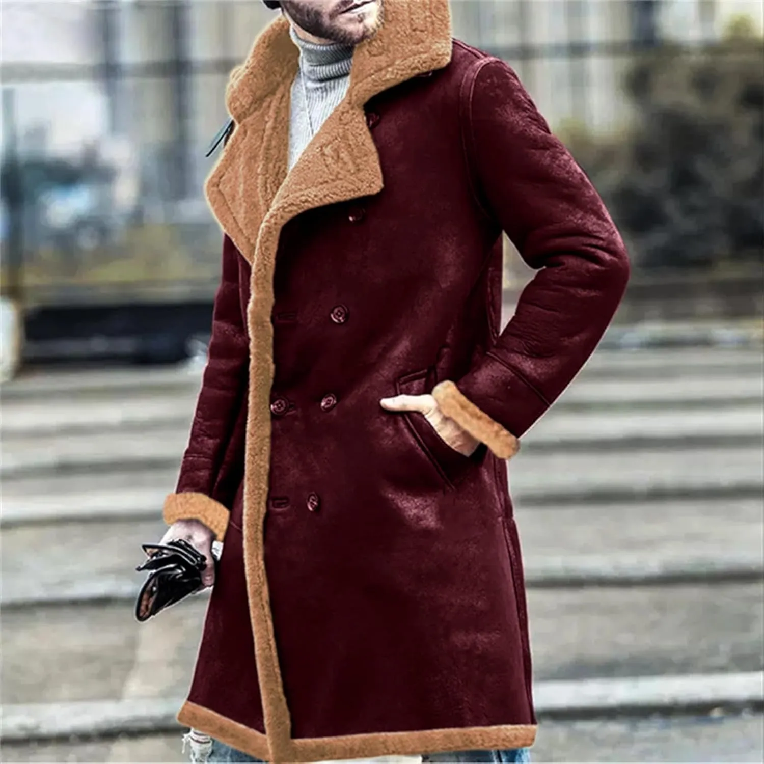 Shearling Leather Coat Men Faux Suede Sherpa Lined Sheepskin Jacket Aviator Bomber Warm Winter Jacket Long Trench Coats