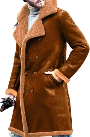 Shearling Leather Coat Men Faux Suede Sherpa Lined Sheepskin Jacket Aviator Bomber Warm Winter Jacket Long Trench Coats