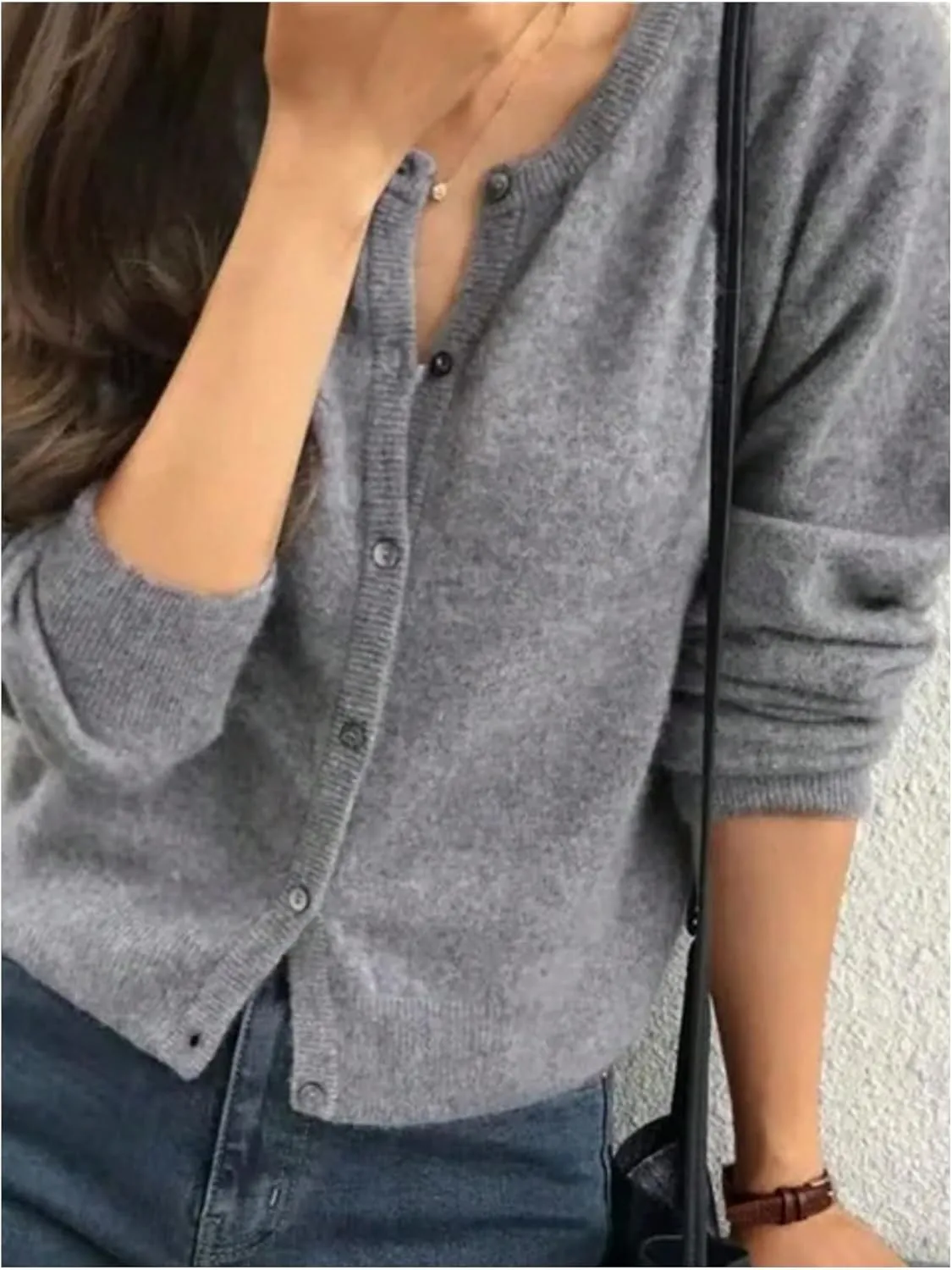 SHENHE Women's Crewneck Button Down Long Sleeve Cardigan Loose Casual Sweater Top