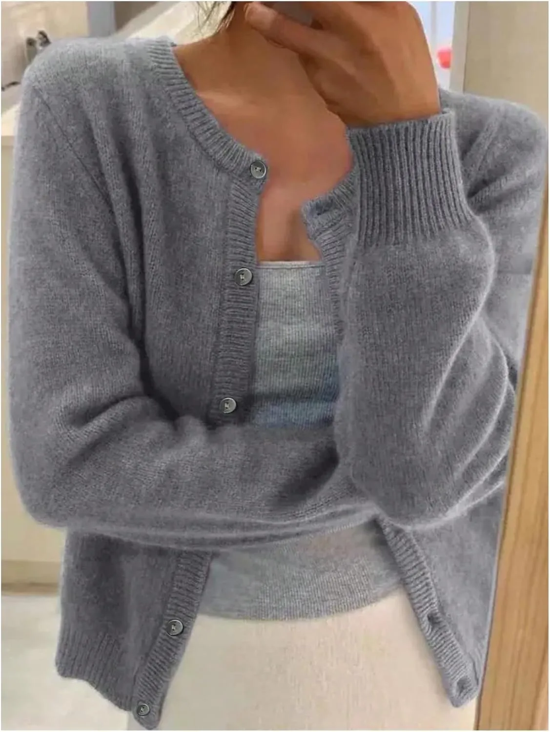 SHENHE Women's Crewneck Button Down Long Sleeve Cardigan Loose Casual Sweater Top
