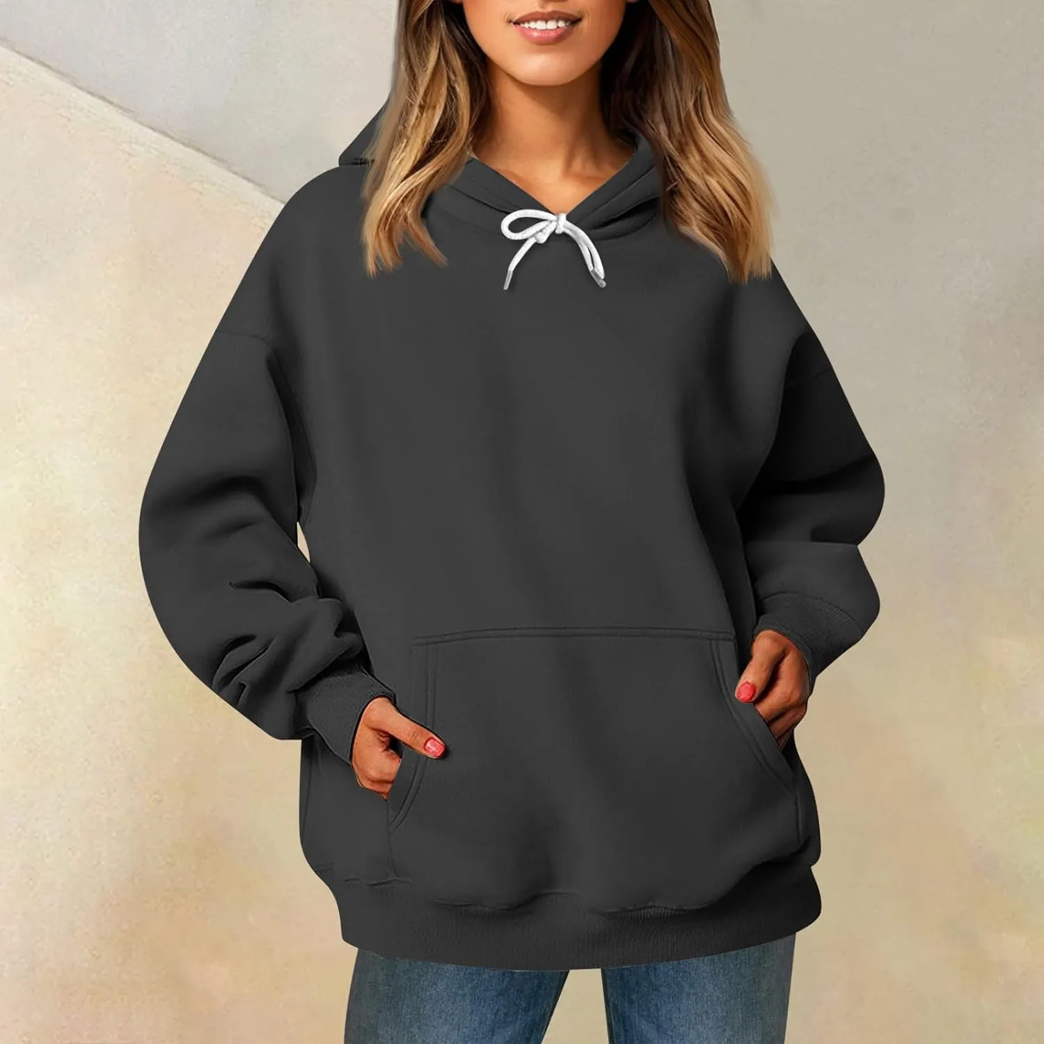Sherpa Hoodie Women Trendy Oversized Hoodies Y2K Lightweight Pullover Sweatshirts Long Sleeve Plain Hoodie with Pockets