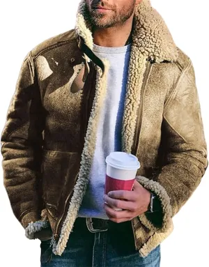 Sherpa Lined Jacket Men Faux Leather Fuzzy Fleece Bomber Jack Mens Winter Heavyweight Suede Faux Fur Trench Coat