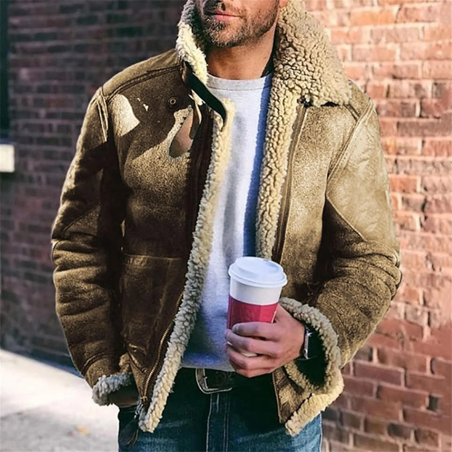 Sherpa Lined Jacket Men Faux Leather Fuzzy Fleece Bomber Jack Mens Winter Heavyweight Suede Faux Fur Trench Coat
