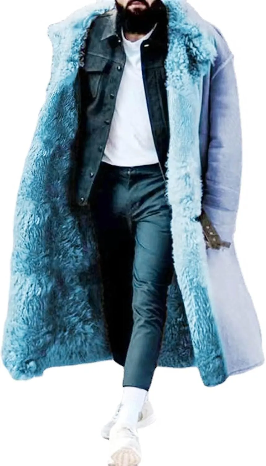 Sherpa Lined Long Jacket Men Faux Leather Shearling Jacket Fur Collar Long Trench Coats Winter Sheepskin Fleece Coat