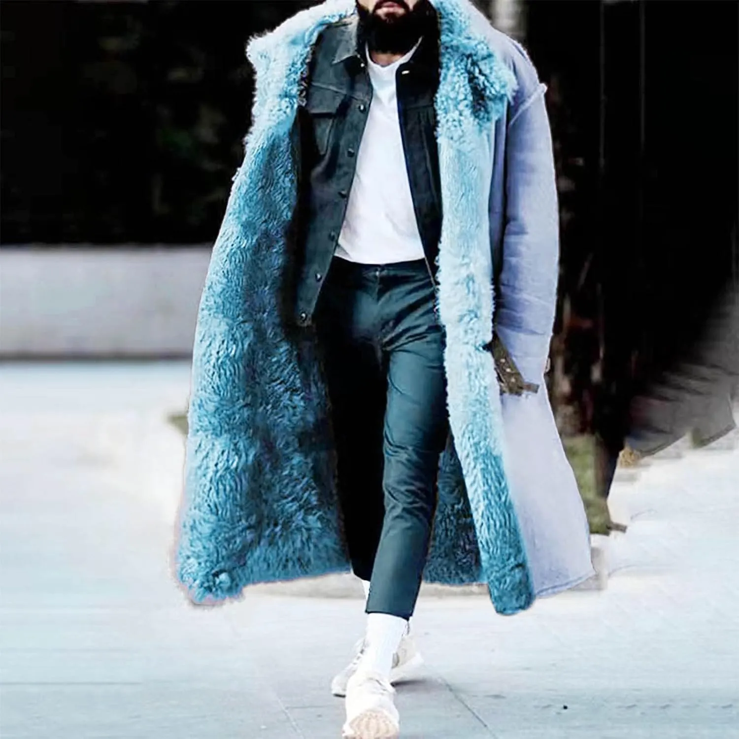 Sherpa Lined Long Jacket Men Faux Leather Shearling Jacket Fur Collar Long Trench Coats Winter Sheepskin Fleece Coat