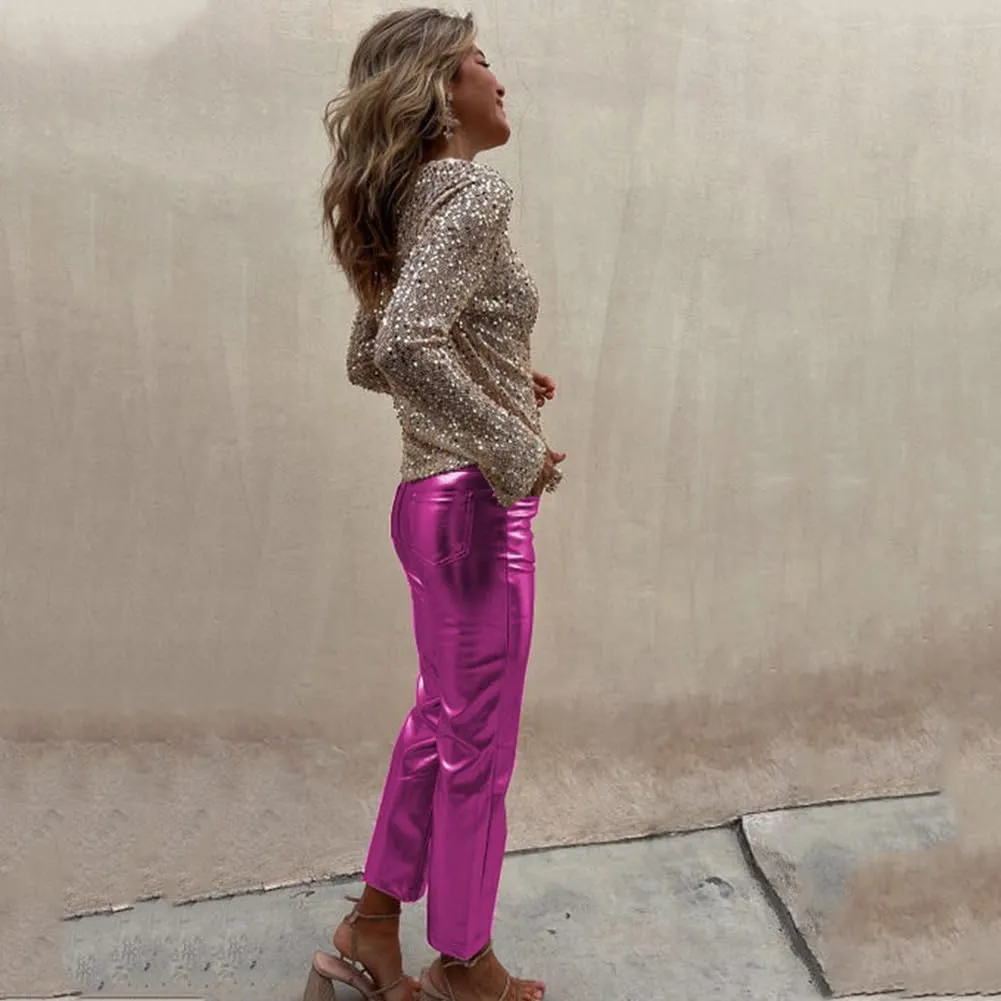 Shiny Metallic Women's Holographic Glitter Rave Dance Cropped Pants