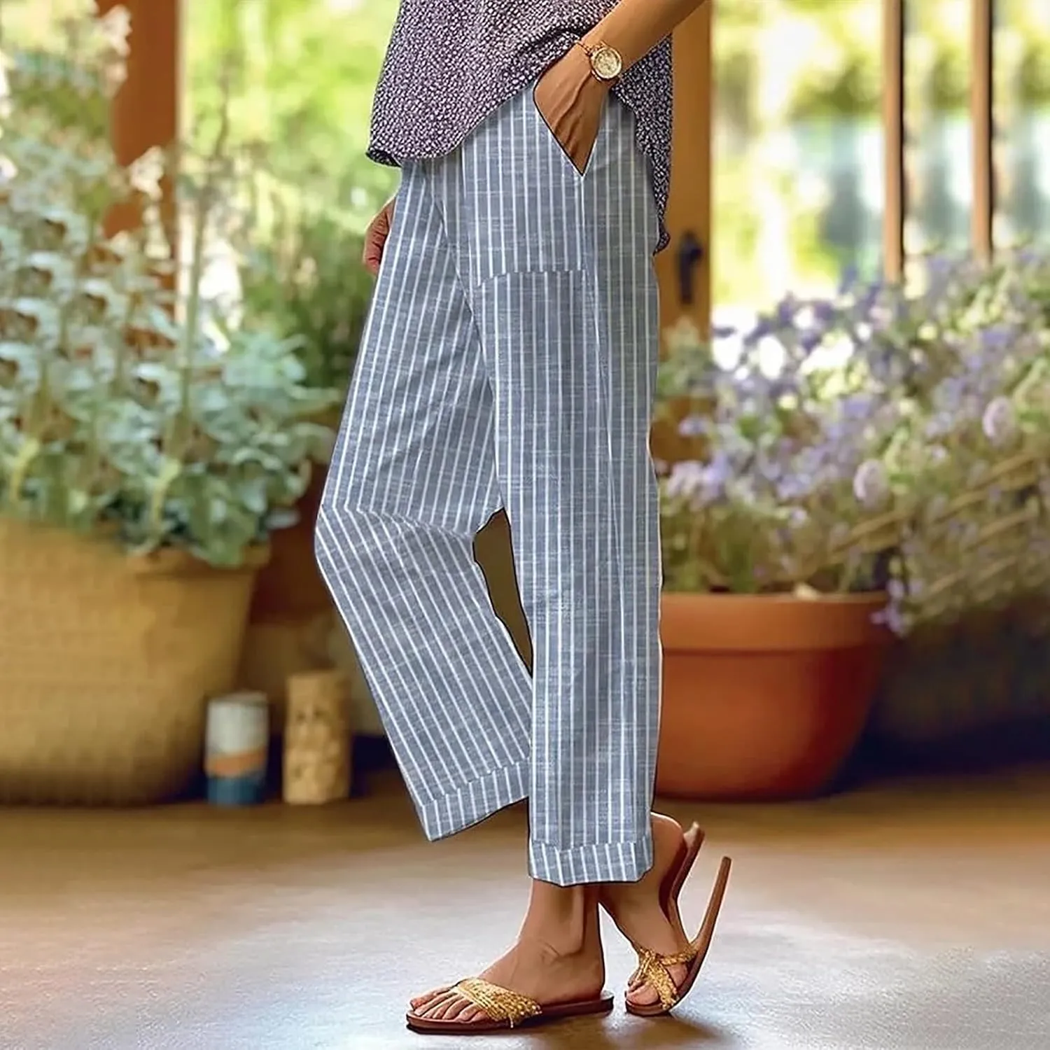 Side Stripe Pants Women for Beach Vacation Clothes for Women Linen Straight Leg Elastic Waist Womens Summer Outfits