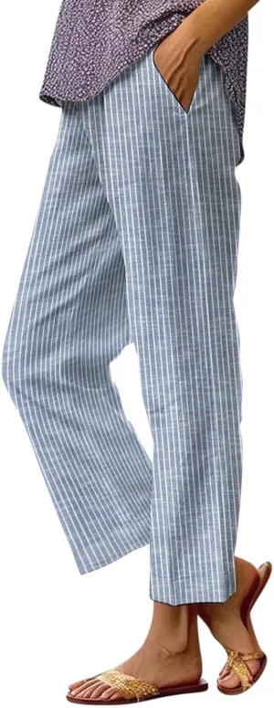 Side Stripe Pants Women for Beach Vacation Clothes for Women Linen Straight Leg Elastic Waist Womens Summer Outfits
