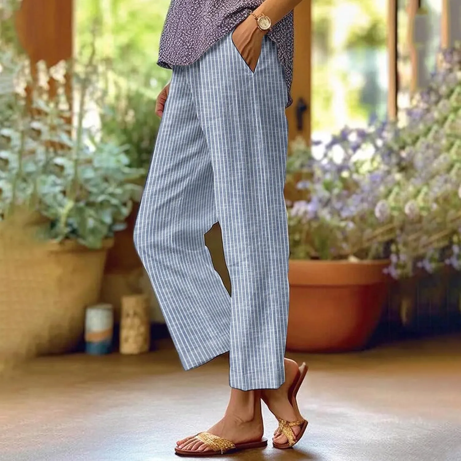 Side Stripe Pants Women for Beach Vacation Clothes for Women Linen Straight Leg Elastic Waist Womens Summer Outfits