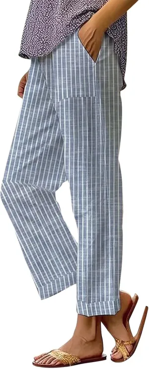 Side Stripe Pants Women for Beach Vacation Clothes for Women Linen Straight Leg Elastic Waist Womens Summer Outfits