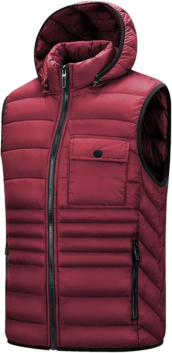 Sinzelimin Men's Hooded Waistcoat Sleeveless Cotton Padded Jackets Fashion Zipper Snow Coat Vest Overcoat Outwear with Pocket