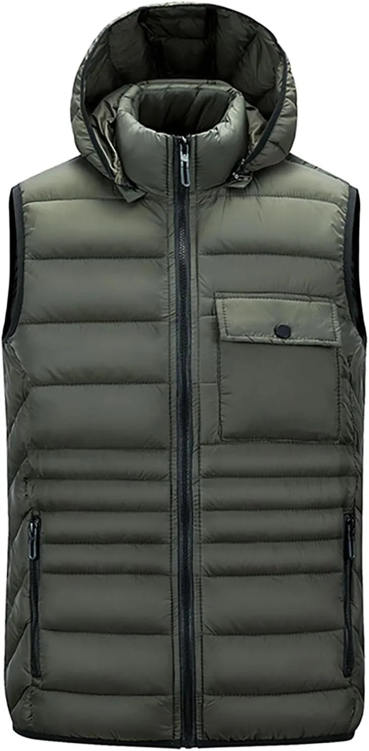 Sinzelimin Men's Hooded Waistcoat Sleeveless Cotton Padded Jackets Fashion Zipper Snow Coat Vest Overcoat Outwear with Pocket