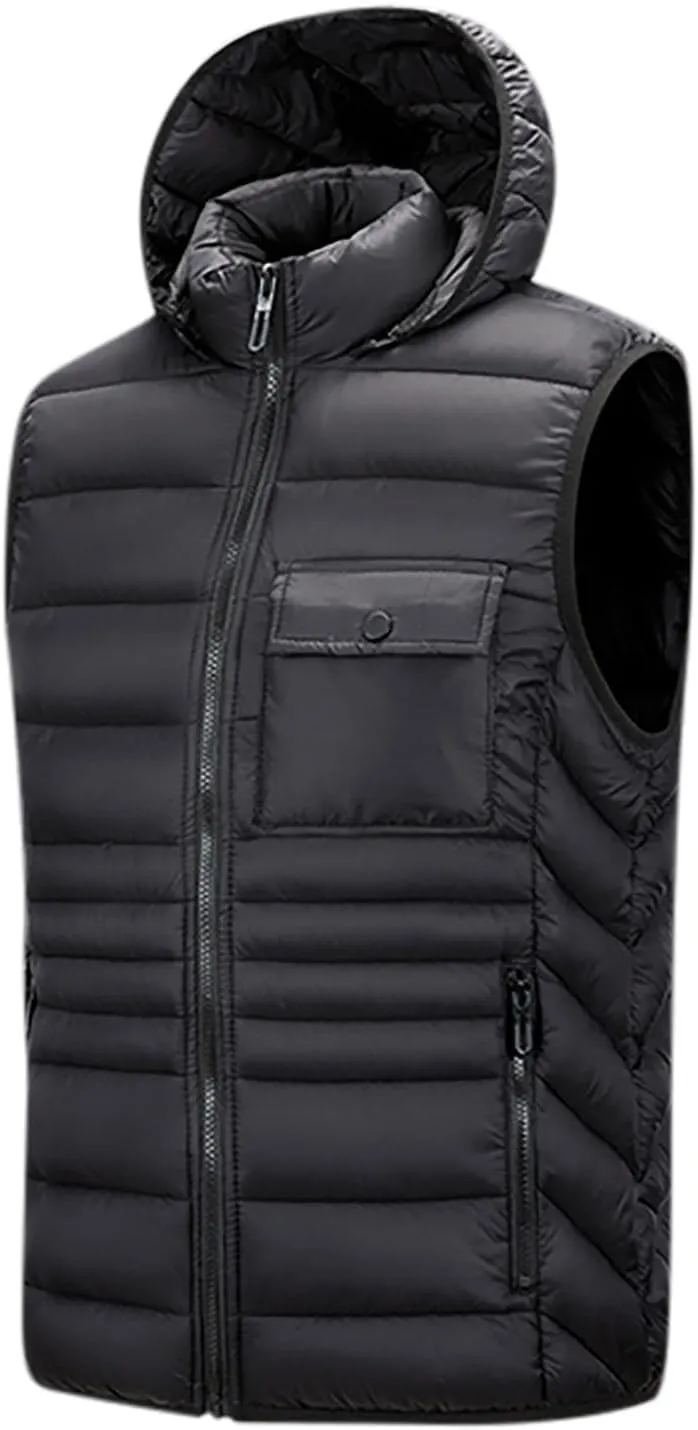 Sinzelimin Men's Hooded Waistcoat Sleeveless Cotton Padded Jackets Fashion Zipper Snow Coat Vest Overcoat Outwear with Pocket