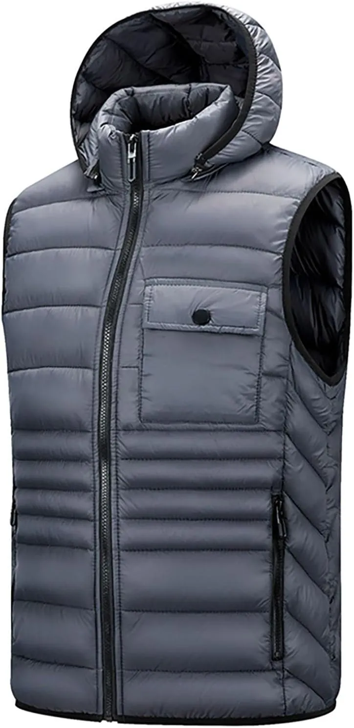 Sinzelimin Men's Hooded Waistcoat Sleeveless Cotton Padded Jackets Fashion Zipper Snow Coat Vest Overcoat Outwear with Pocket