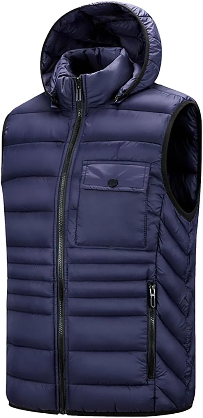Sinzelimin Men's Hooded Waistcoat Sleeveless Cotton Padded Jackets Fashion Zipper Snow Coat Vest Overcoat Outwear with Pocket