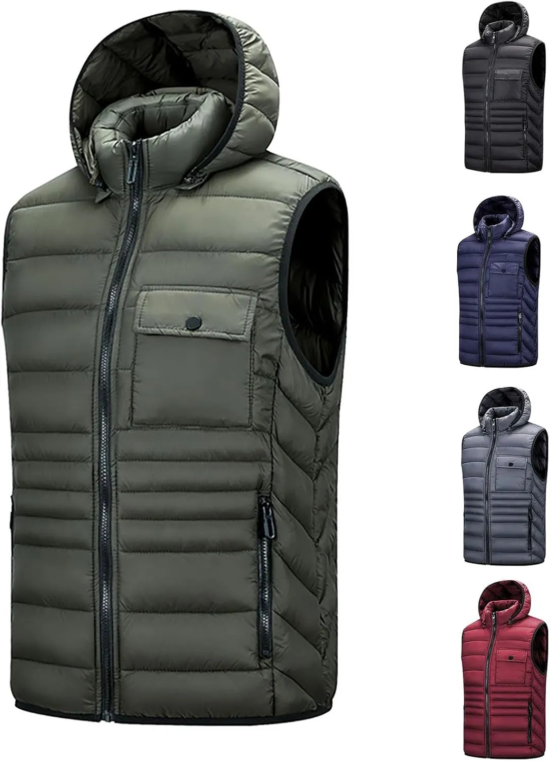 Sinzelimin Men's Hooded Waistcoat Sleeveless Cotton Padded Jackets Fashion Zipper Snow Coat Vest Overcoat Outwear with Pocket