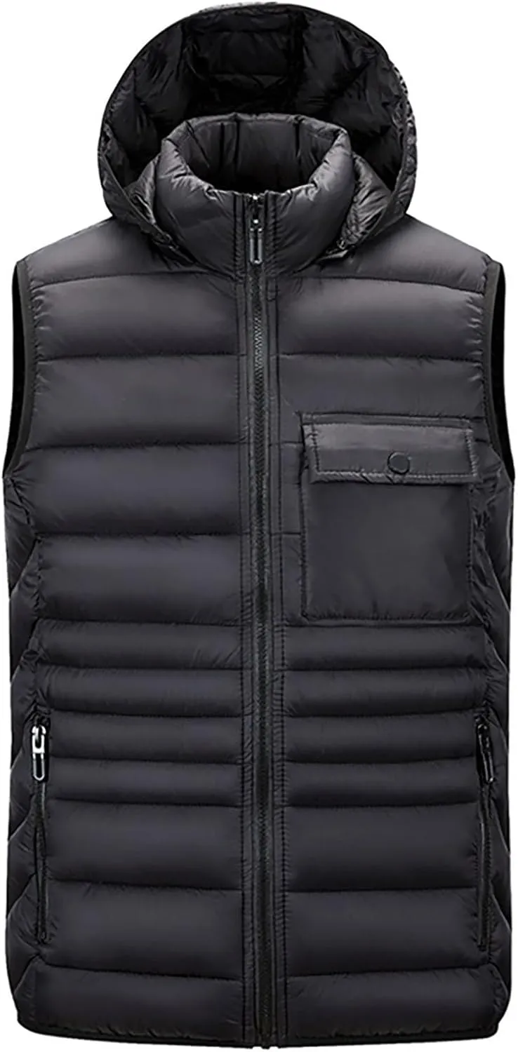 Sinzelimin Men's Hooded Waistcoat Sleeveless Cotton Padded Jackets Fashion Zipper Snow Coat Vest Overcoat Outwear with Pocket