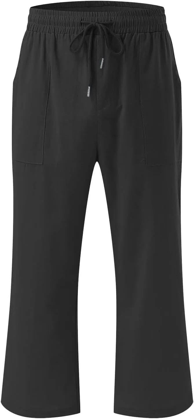 SMIDOW Capri Pants for Women Casual 2025 Summer Drawstring Elastic High Waist Linen Pant Straight Wide Leg Cropped Trouser