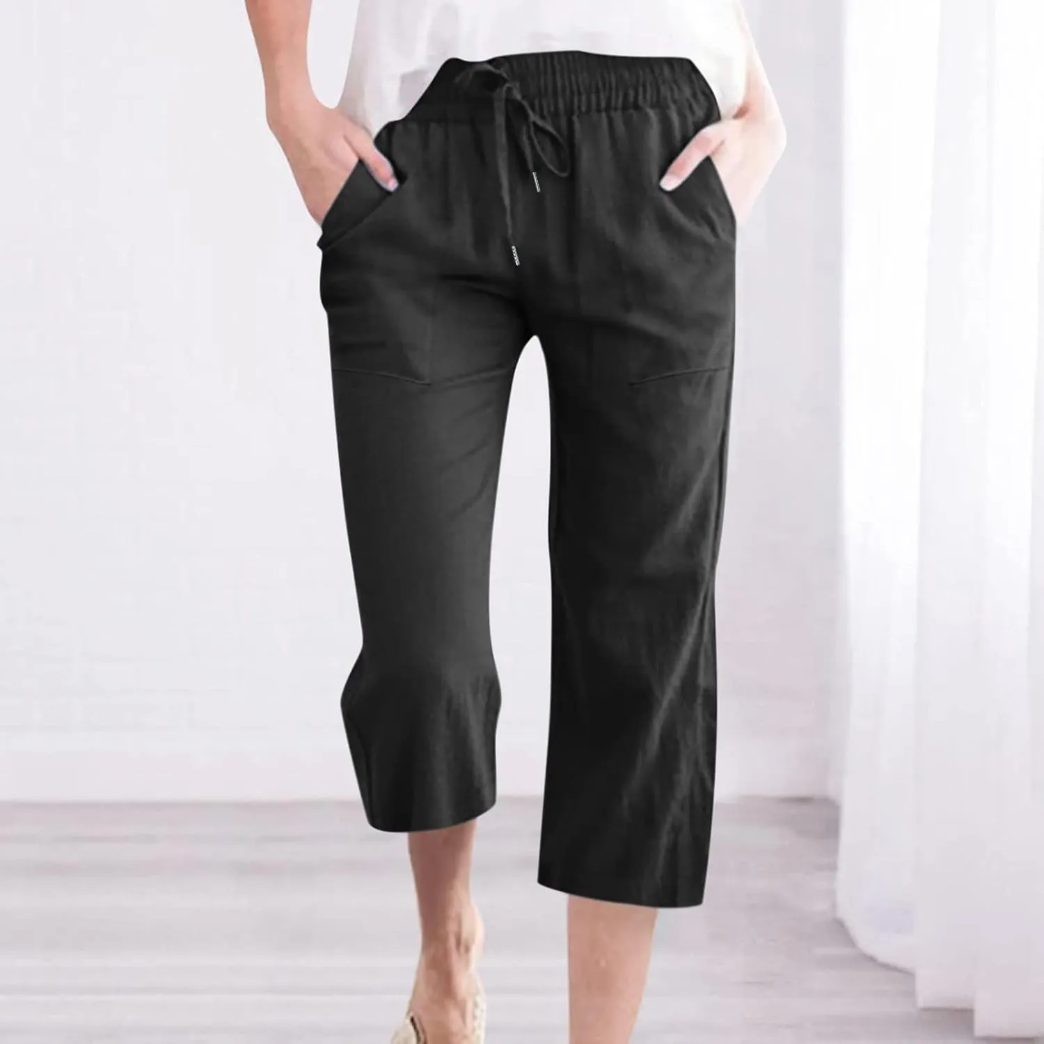 SMIDOW Capri Pants for Women Casual 2025 Summer Drawstring Elastic High Waist Linen Pant Straight Wide Leg Cropped Trouser