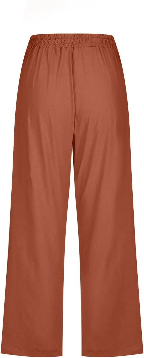 SMIDOW Capri Pants for Women Casual 2025 Summer Drawstring Elastic High Waist Linen Pant Straight Wide Leg Cropped Trouser