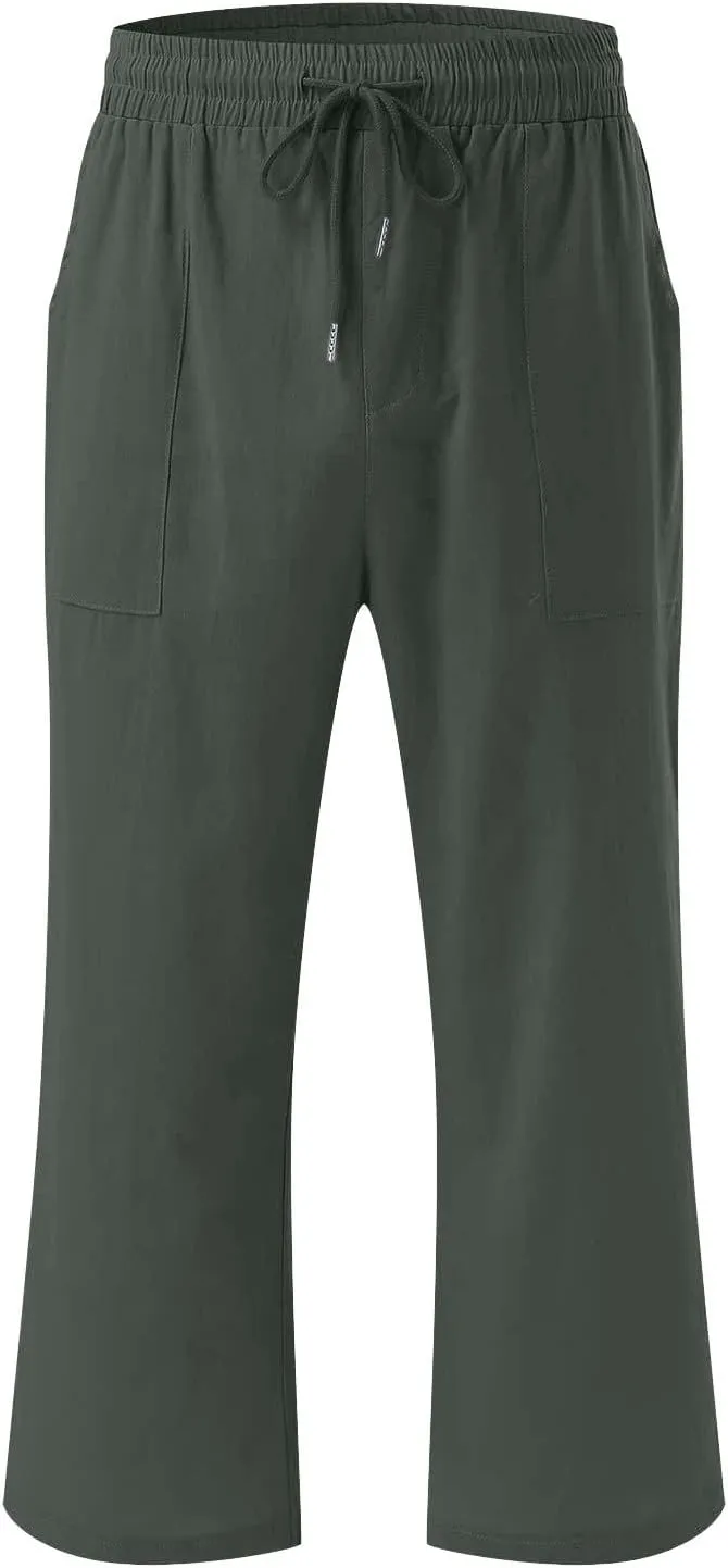 SMIDOW Capri Pants for Women Casual 2025 Summer Drawstring Elastic High Waist Linen Pant Straight Wide Leg Cropped Trouser