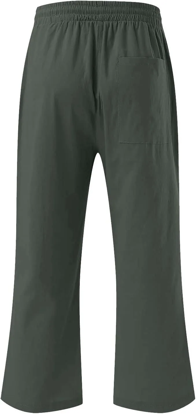 SMIDOW Capri Pants for Women Casual 2025 Summer Drawstring Elastic High Waist Linen Pant Straight Wide Leg Cropped Trouser