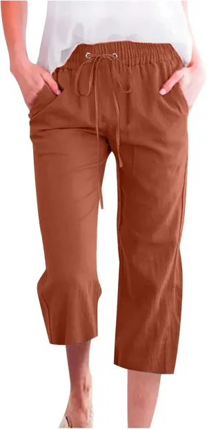 SMIDOW Capri Pants for Women Casual 2025 Summer Drawstring Elastic High Waist Linen Pant Straight Wide Leg Cropped Trouser