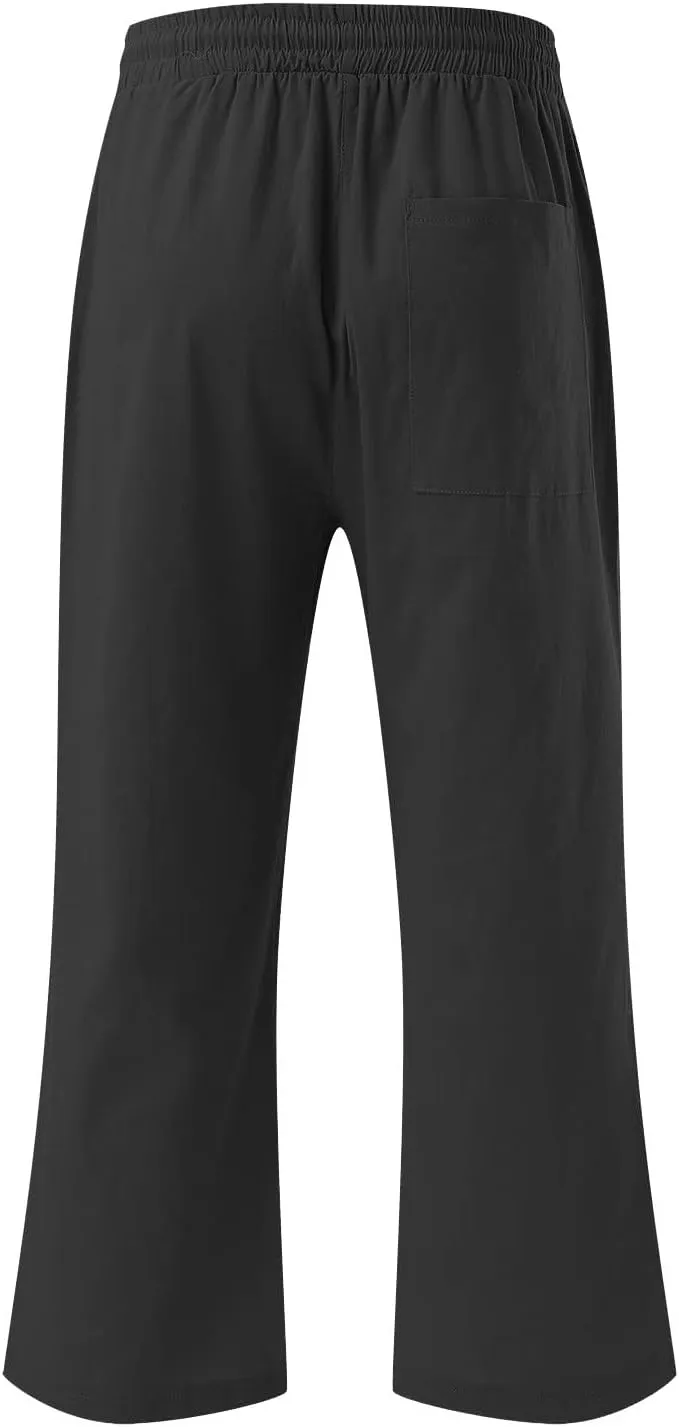SMIDOW Capri Pants for Women Casual 2025 Summer Drawstring Elastic High Waist Linen Pant Straight Wide Leg Cropped Trouser