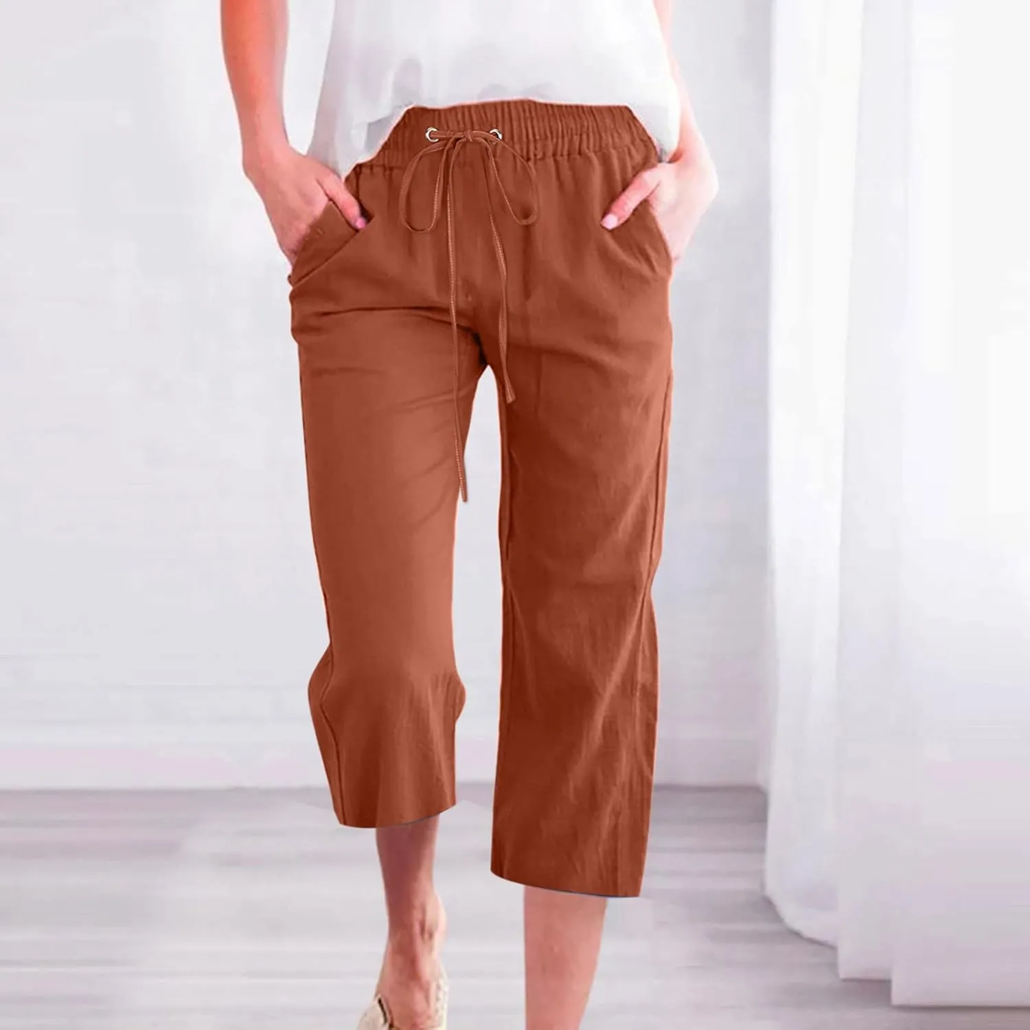 SMIDOW Capri Pants for Women Casual 2025 Summer Drawstring Elastic High Waist Linen Pant Straight Wide Leg Cropped Trouser