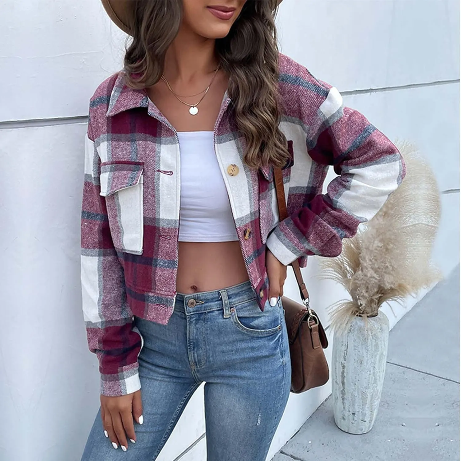 SMIDOW Women's Flannel Plaid Cropped Shacket Jacket Lapel Button Down Fall Fashion 2023 Woolen Coats Outerwear Casual Jackets
