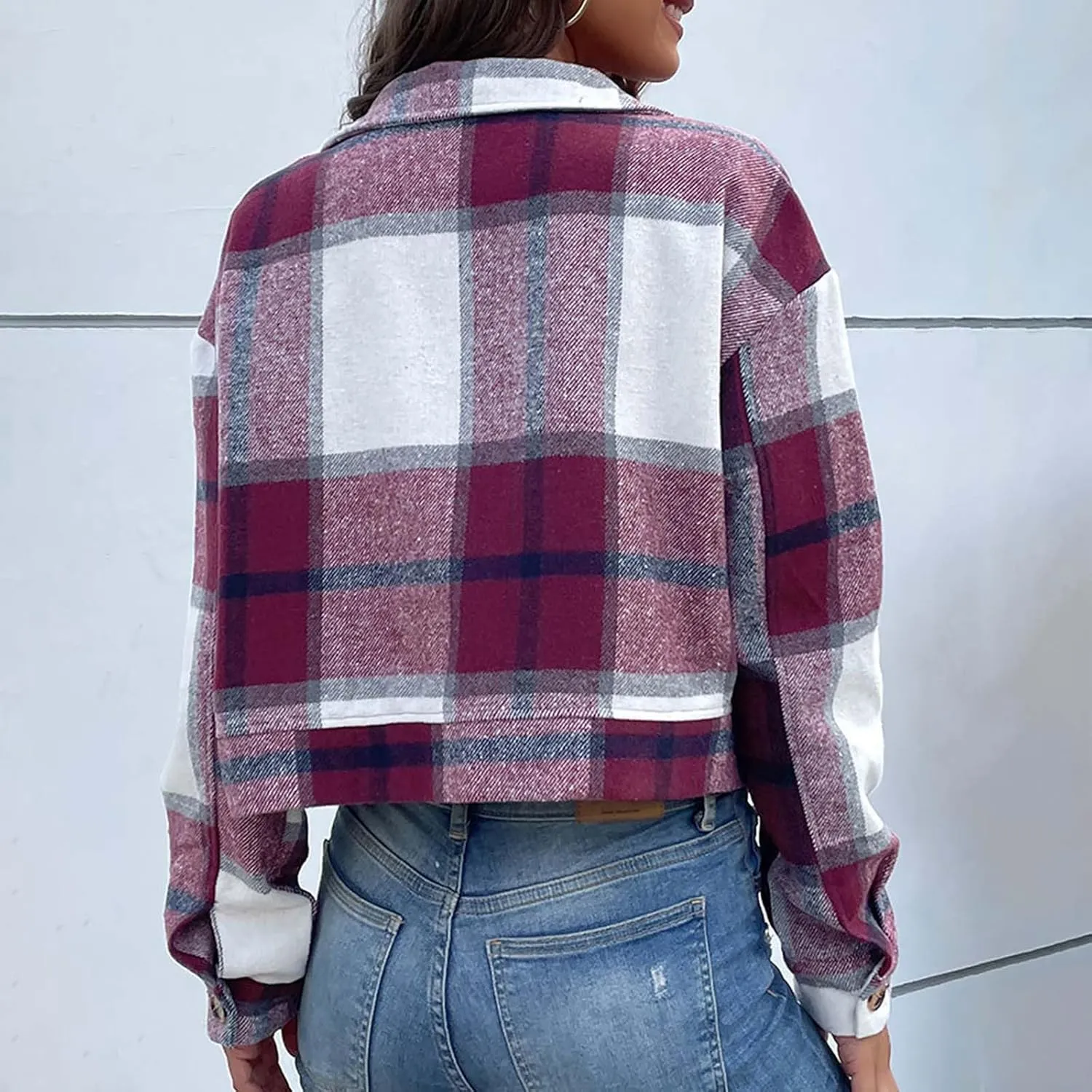 SMIDOW Women's Flannel Plaid Cropped Shacket Jacket Lapel Button Down Fall Fashion 2023 Woolen Coats Outerwear Casual Jackets