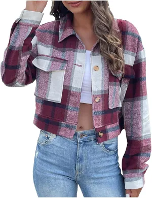 SMIDOW Women's Flannel Plaid Cropped Shacket Jacket Lapel Button Down Fall Fashion 2023 Woolen Coats Outerwear Casual Jackets