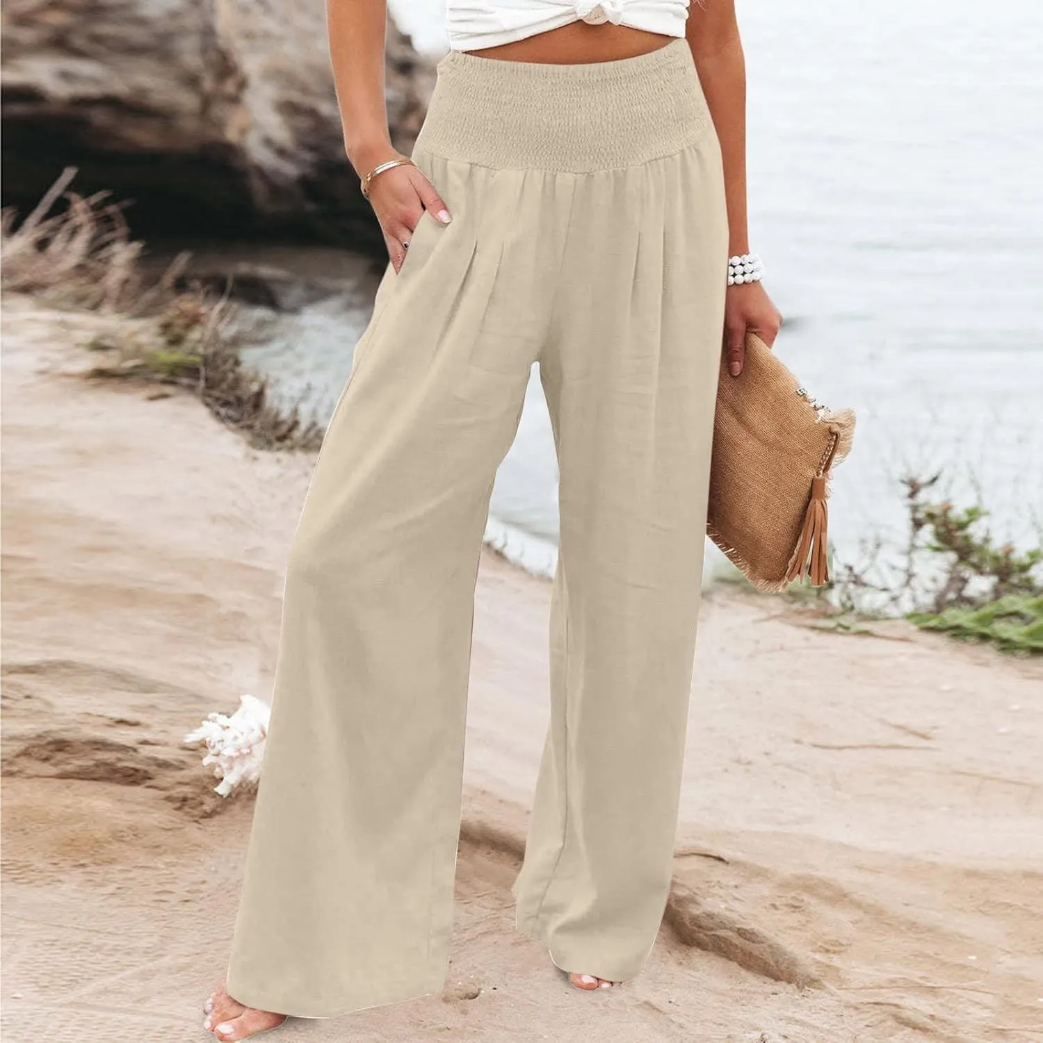 SMIDOW Women's Wide Leg Pants Elastic High Waisted Cotton Linen Long Lounge Pants Business Casual Work Trousers