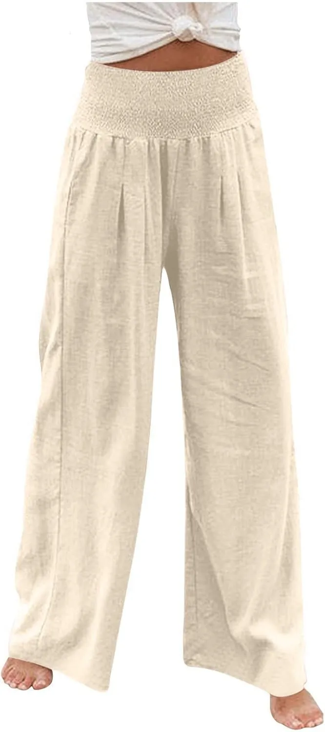 SMIDOW Women's Wide Leg Pants Elastic High Waisted Cotton Linen Long Lounge Pants Business Casual Work Trousers