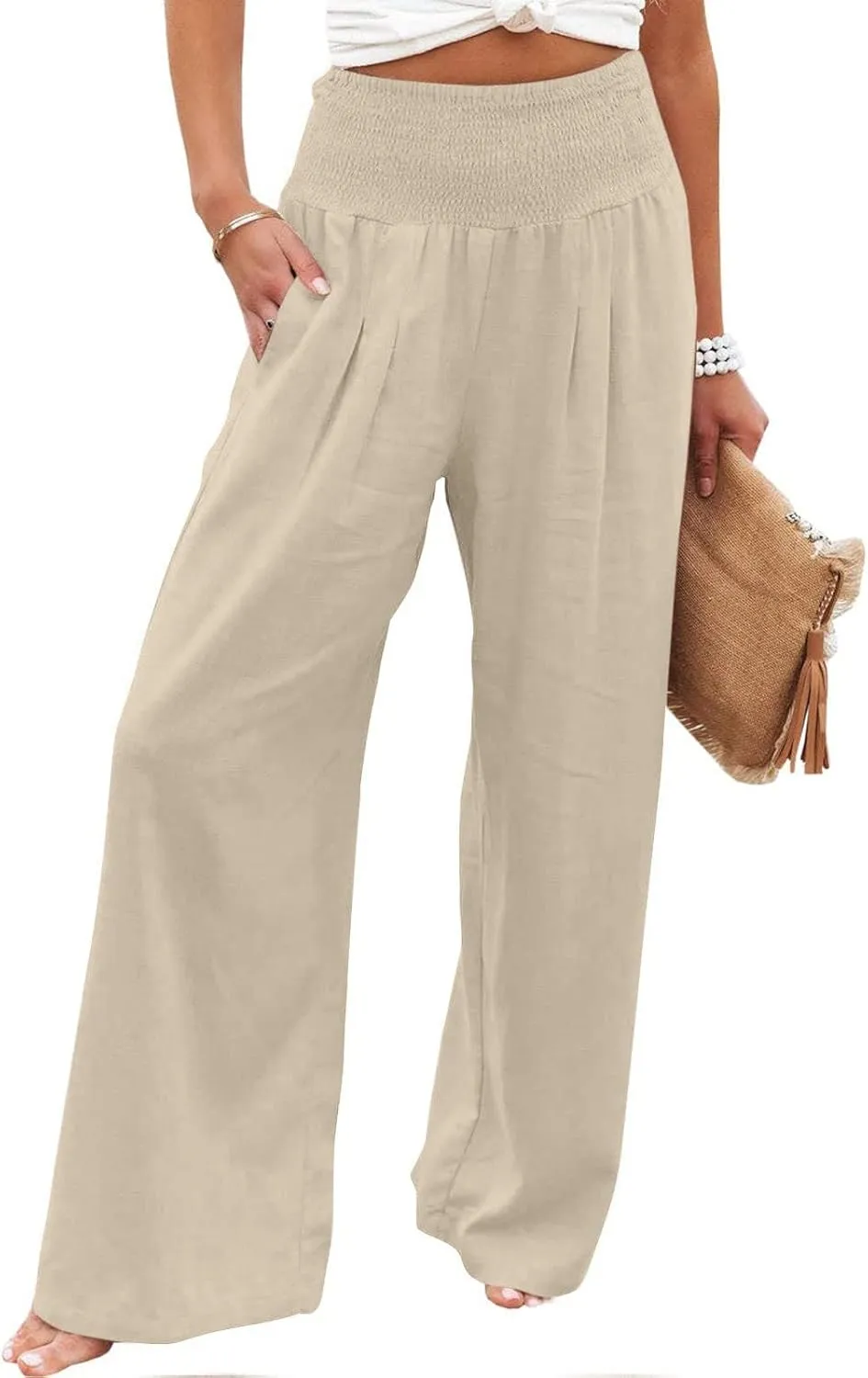 SMIDOW Women's Wide Leg Pants Elastic High Waisted Cotton Linen Long Lounge Pants Business Casual Work Trousers