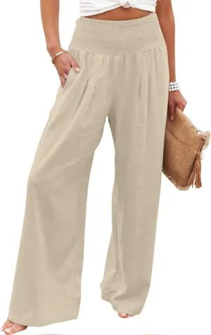 SMIDOW Women's Wide Leg Pants Elastic High Waisted Cotton Linen Long Lounge Pants Business Casual Work Trousers