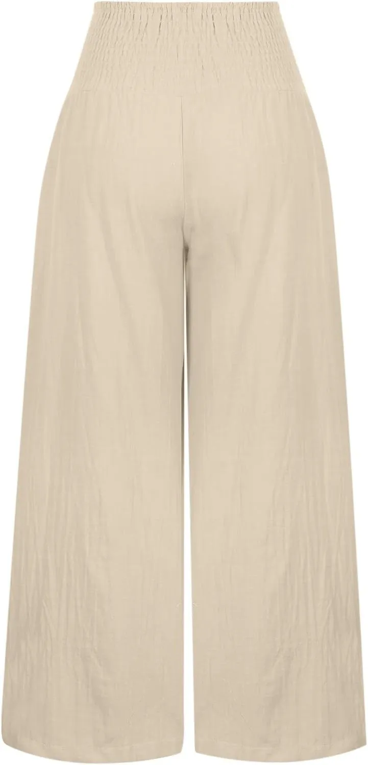 SMIDOW Women's Wide Leg Pants Elastic High Waisted Cotton Linen Long Lounge Pants Business Casual Work Trousers