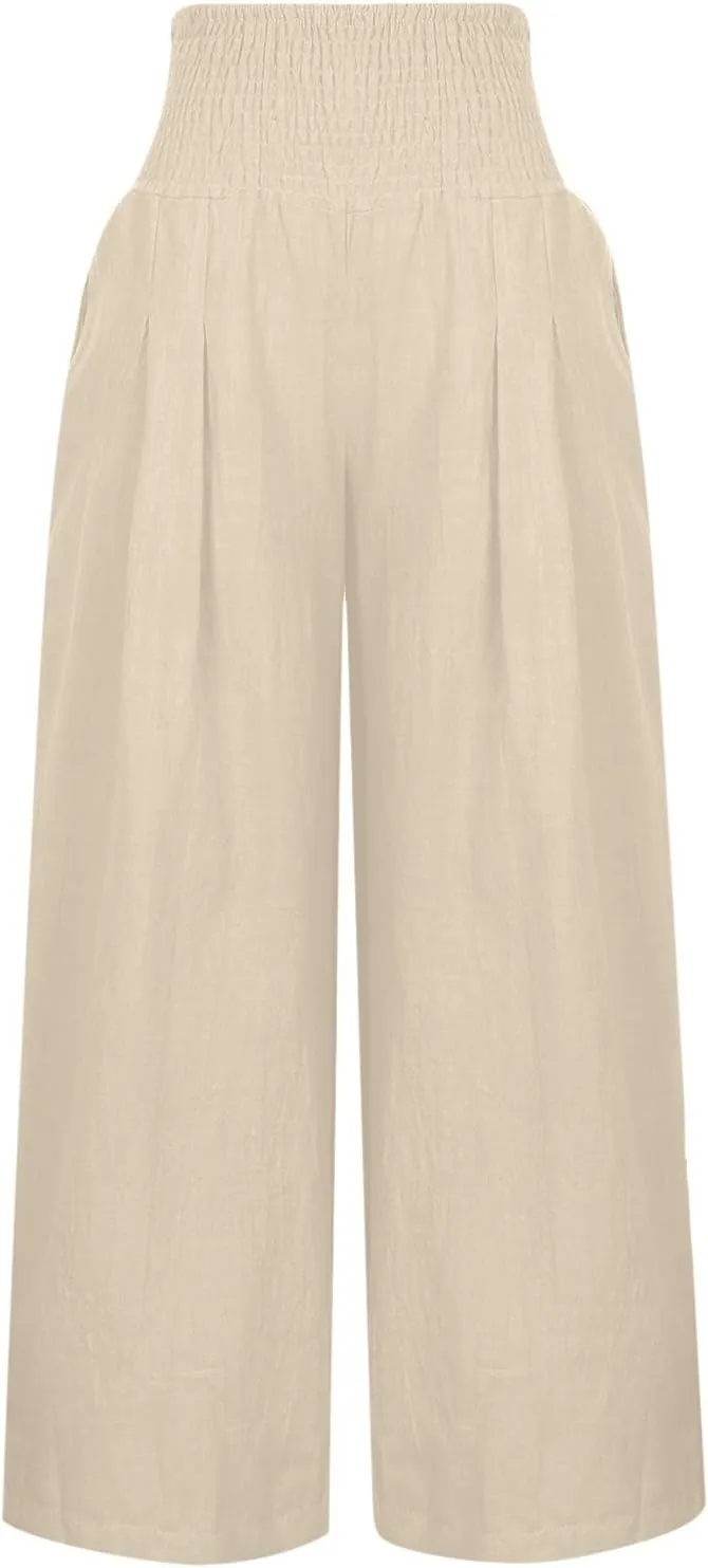 SMIDOW Women's Wide Leg Pants Elastic High Waisted Cotton Linen Long Lounge Pants Business Casual Work Trousers