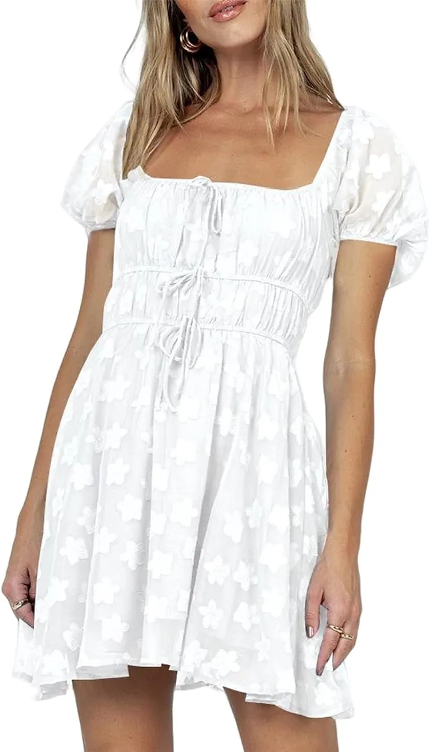 SOLILOQUY Women Off Shoulder Puff Long Sleeve Ruffle Sweetheart Neck Tie Front Flare Mini Dress Sweet Sun Dress