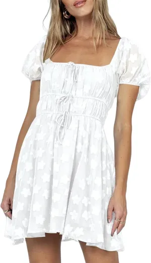 SOLILOQUY Women Off Shoulder Puff Long Sleeve Ruffle Sweetheart Neck Tie Front Flare Mini Dress Sweet Sun Dress