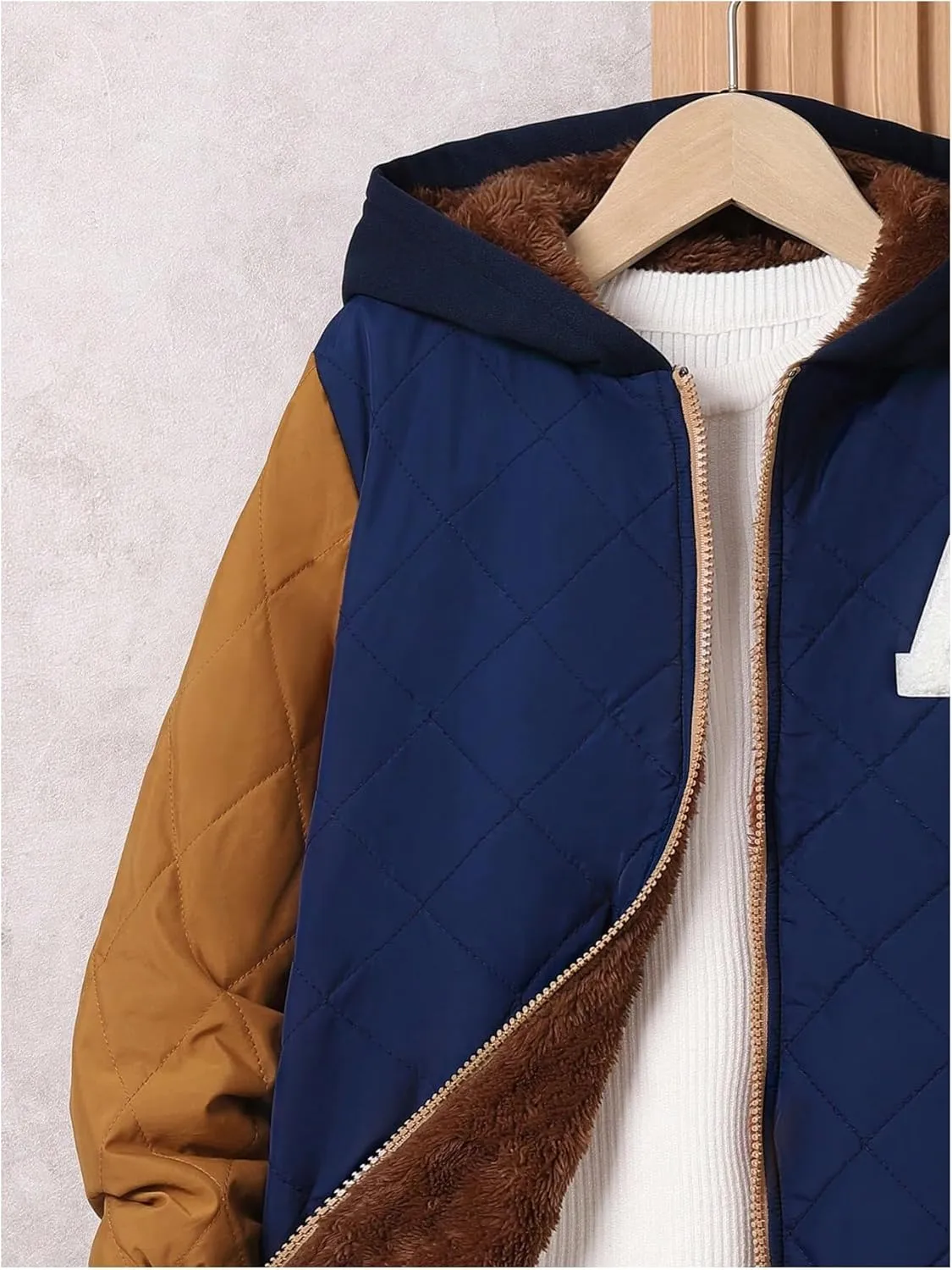 SOLY HUX Boy's Letter Patched Color Block Quilted Jacket Zip Up Hoodies Long Sleeve Fleece Jacket Warm Outerwear Coat