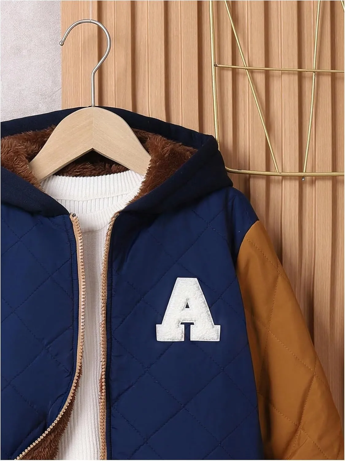 SOLY HUX Boy's Letter Patched Color Block Quilted Jacket Zip Up Hoodies Long Sleeve Fleece Jacket Warm Outerwear Coat