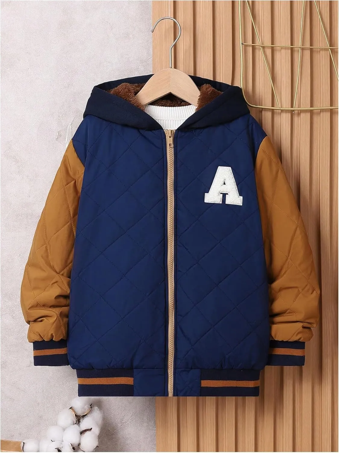 SOLY HUX Boy's Letter Patched Color Block Quilted Jacket Zip Up Hoodies Long Sleeve Fleece Jacket Warm Outerwear Coat