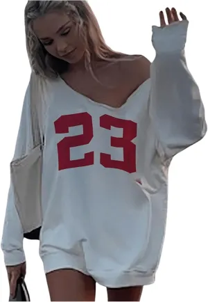 SOLY HUX Oversized Sweatshirt for Women Number Graphic Off the Shoulder Long Sleeve Pullover Tops Fall Clothes