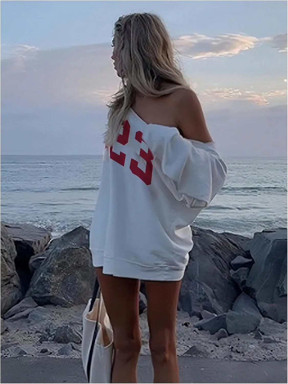 SOLY HUX Oversized Sweatshirt for Women Number Graphic Off the Shoulder Long Sleeve Pullover Tops Fall Clothes