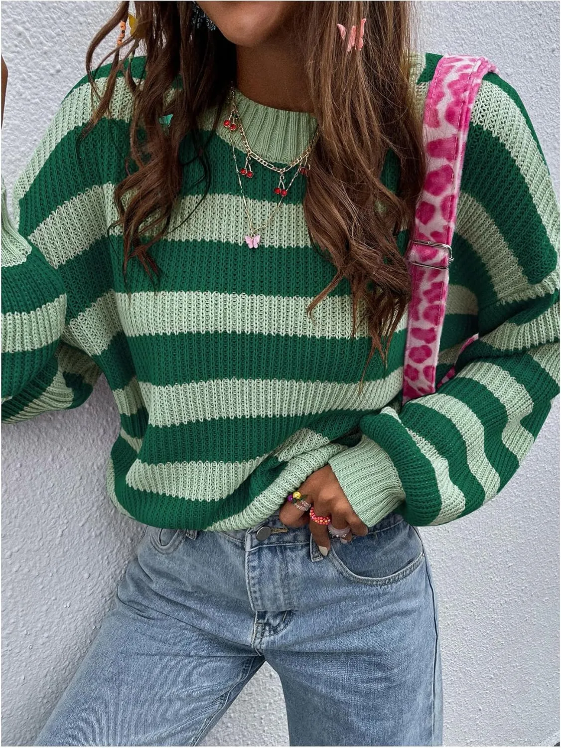 SOLY HUX Women's Color Block Striped Knit Tops Casual Long Sleeve Drop Shoulder Sweater Pullovers