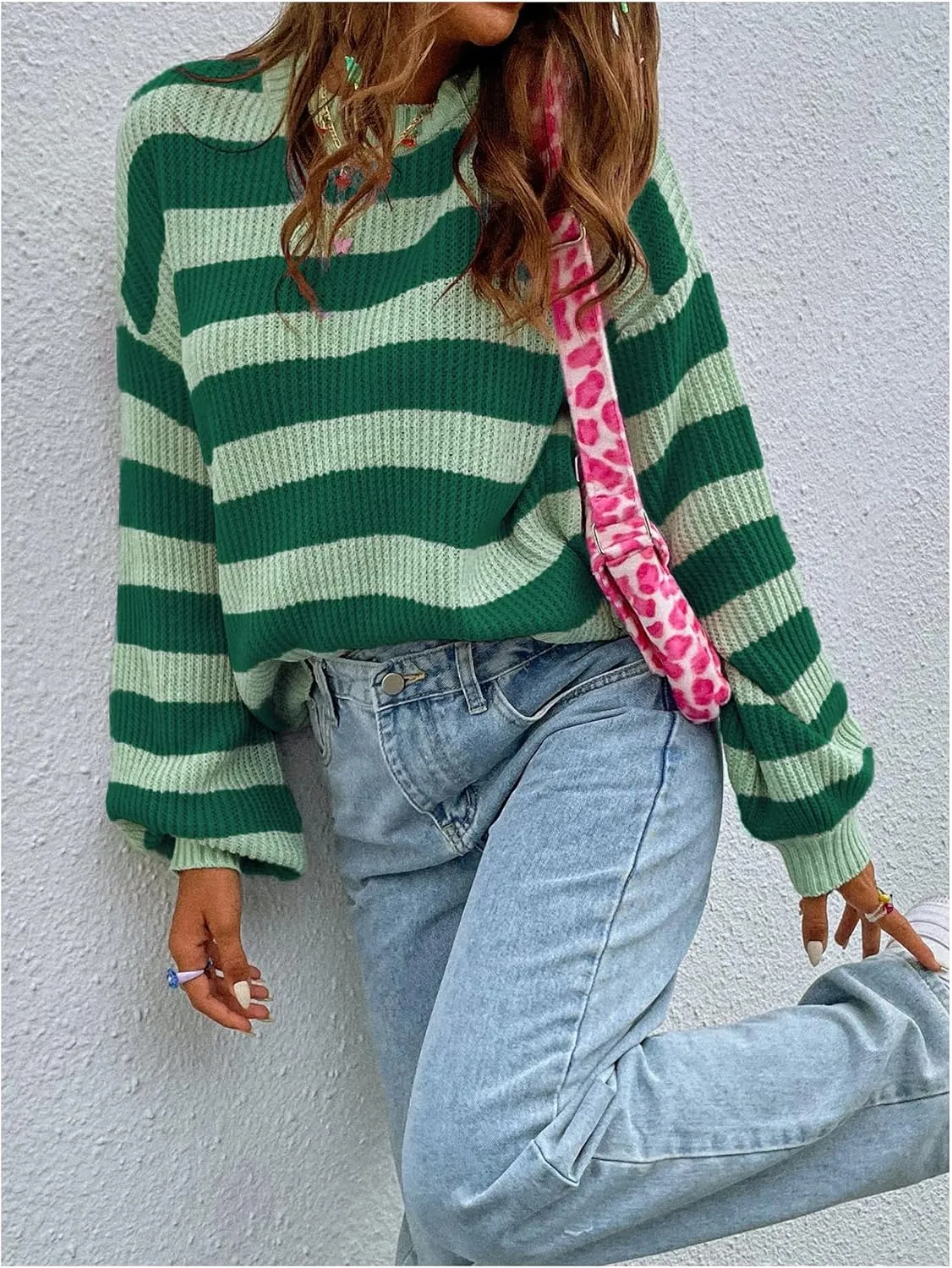 SOLY HUX Women's Color Block Striped Knit Tops Casual Long Sleeve Drop Shoulder Sweater Pullovers