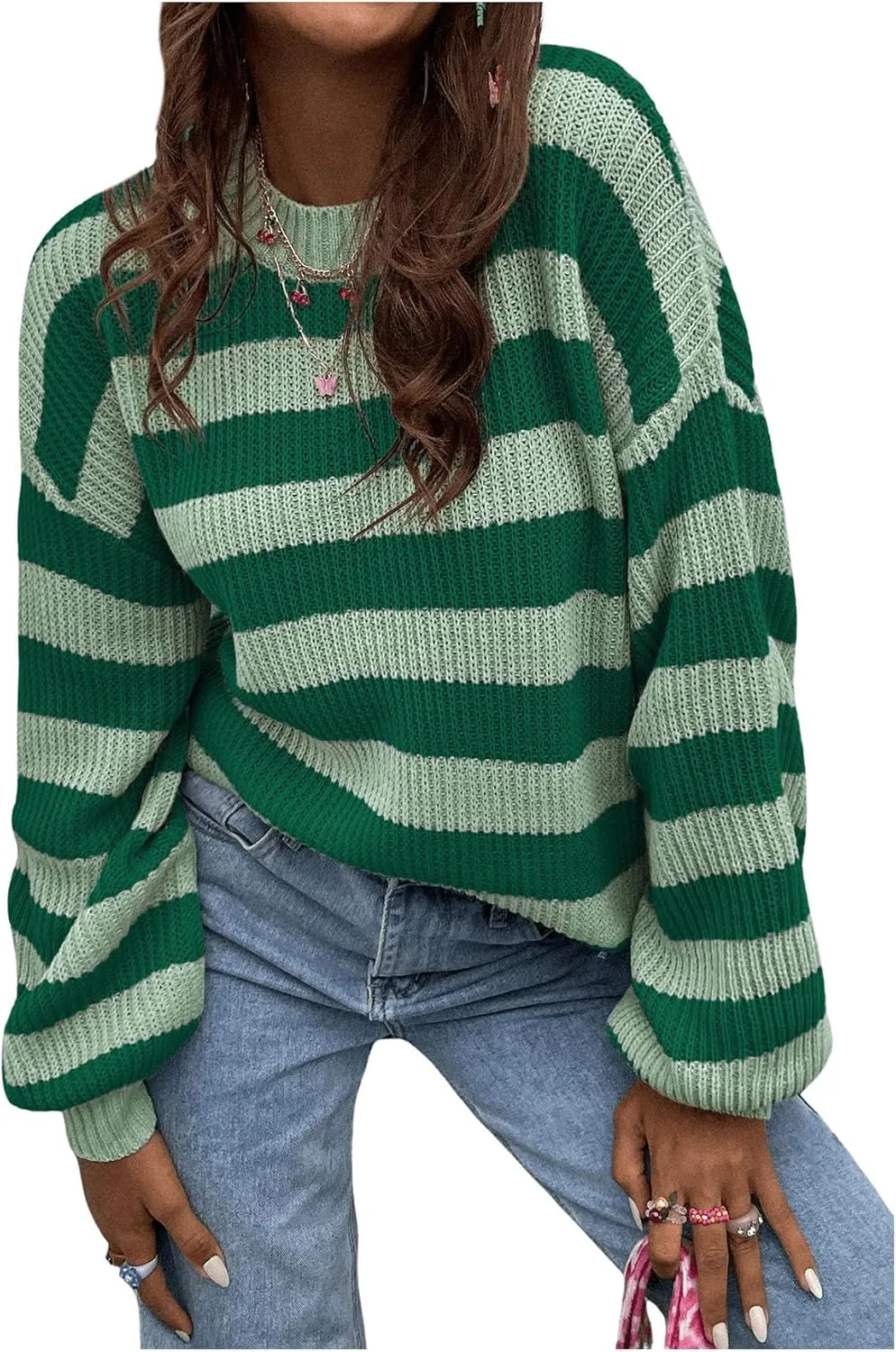 SOLY HUX Women's Color Block Striped Knit Tops Casual Long Sleeve Drop Shoulder Sweater Pullovers