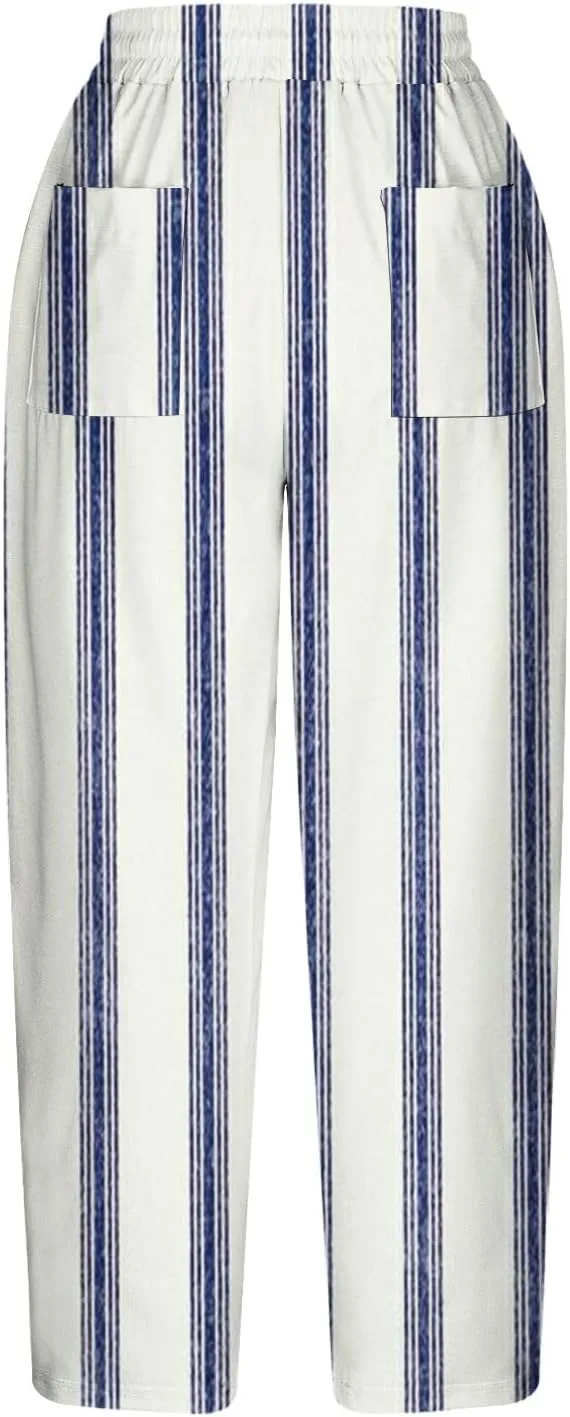Stripe Color Block Capri Pants for Women Casual Straight Leg Capri Pants Drawstring Elastic Waist Cropped Trousers